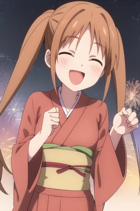 yoshiko,  1girl, solo, kimono, smile, open mouth, happy, excited, fire works.