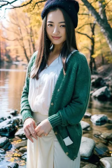 1girl,(wearing a cardigan and long skirt:1.2),(wearing a wooly beret),(RAW photo, best quality), (realistic, photo-realistic:1.4), masterpiece, an extremely delicate and beautiful, extremely detailed, 2k wallpaper, Amazing, finely detail, extremely detailed CG unity 8k wallpaper, ultra-detailed, highres, soft light, beautiful detailed girl, extremely detailed eyes and face, beautiful detailed nose, beautiful detailed eyes,cinematic lighting,(in a beautiful forest of pine trees at a Japanese countryside),(autumn scenery:1.3),(maple trees in autumn),(by a small rocky river),(morning light),perfect anatomy,slender body,smiling, <lora:nakamayukie_lora:1>