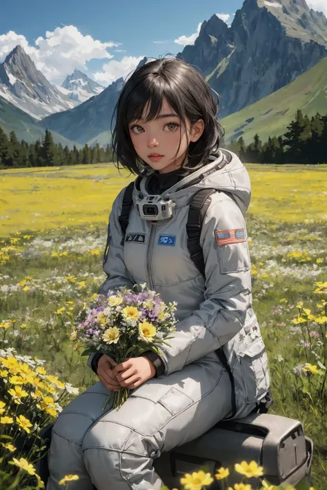 A mixed race woman in a grey space suit sitting in a tall grass, holding flowers, field, mountains in the background, warm palette, sunlight, amateur photo, film grain