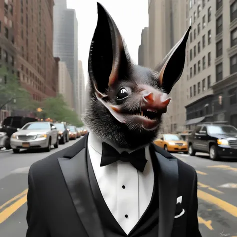 photorealistic, gentleman bats01 in a tuxedo face enhanced, on a Manhattan street,  in the style of <lora:bats01-xl:1>