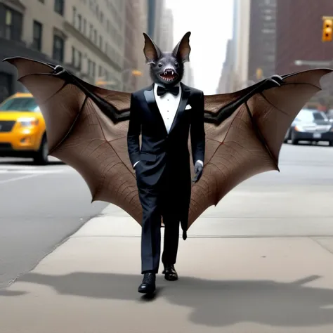 photorealistic, gentleman bats01 in a tuxedo face enhanced, on a Manhattan street, in the style of <lora:bats01-xl:1>