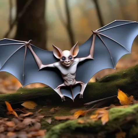 photorealistic, concept art, fantasy, 3 crystal bats01 elves, face enhanced, in fall Halloween woodland glade with mushrooms, in the style of <lora:bats01-xl:1>