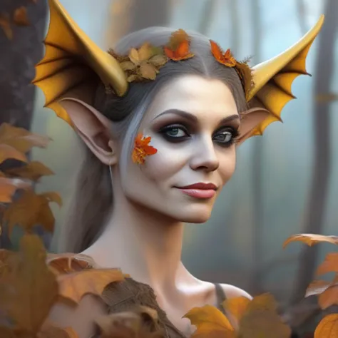 photorealistic, concept art, fantasy, crystal elf bats01, face enhanced, in fall Halloween woodland glade with mushrooms,  in the style of <lora:bats01-xl:1>
