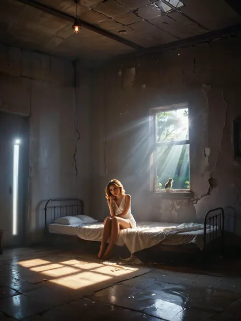Hyperrealistic wasted sister sleeps in the house , 21 year old, abandoned, lonely, holes in the walls, highly detailed, 4k|8k, volumetric fog, bokeh, high detail, ray tracing, unreal engine 5, cinematic lighting, intricate, photorealistic, cgsociety, atmospheric light rays