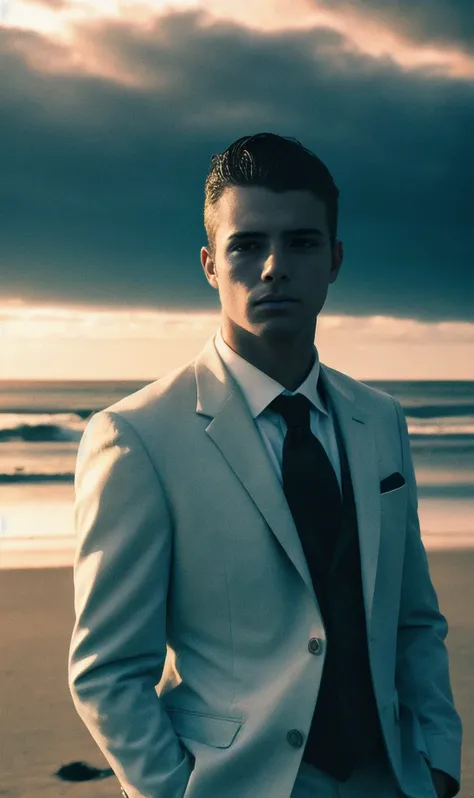 color portrait photograph of a elegant male model in a suit standing on a beach, dark sci-fi, dramatic lighting, negative space, colorgraded, Cinematic film still, analog style, soft lighting, sunset, <lora:betterPortrait_v10:0.5> <lora:epiNoiseoffset_v2:0.5>