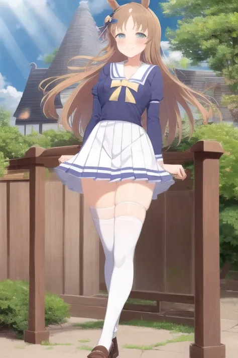 <lora:senranKaguraLora_1:1>,masterpiece, best quality, detailed,GrassWonder Toresen Uniform,
blush,breasts,horse ears,umamusume,zettai ryouiki,long hair,medium breasts,pleated skirt, shrug (clothing), smile, solo, thighhighs, thighs,
mksks style, blue sky, highly detailed background, floral background, medieval houses, professional lightning, sunlight, tree,