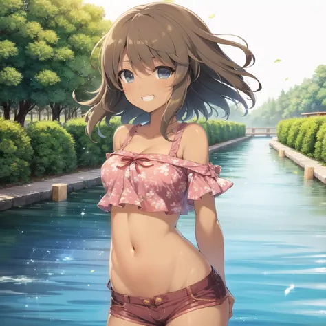 1girl, summer, crop top, off shoulder, short shorts, open fly, water, abstract background, arms behind back, simple background, dark skin, dark-skinned female, tan, grin, looking at viewer, medium breasts, (blue eyes), hands, open mouth, gyaru,