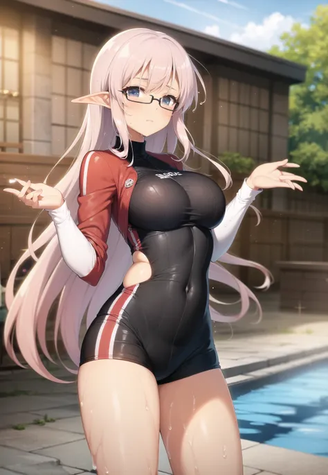 1girl, pointy ears, dark elf, elf ears, long pointy ears, glasses,bike shorts, jacket, solo, long hair, very long hair, (pink hair:1.1), shirt, standing, white shirt, bow, cowboy shot, shorts, red jacket, track jacket, red hair ribbon,
honeycomb \(pattern\), honeycomb background, hexagon, tiles, tile wall, silk, tile floor, spider web, skyscraper, city, fence, building, rain, cityscape, brick, stone wall, pavement, stone floor, pool,
BREAK
(dark skin, dark-skinned female, tan), glasses , blurry background, bokeh, closed mouth, expressionless, smile, blue eyes, selvaria bles, tight, clannad, kanon, <takeda-120000>, wet, competition swimsuit,(((wet clothes)))