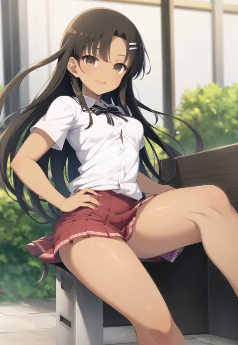 1girl, solo focus, (nagatoro hayase:1), 1girl, (tan, dark-skinned female, dark skin:1.5), skirt, solo, shirt, black hair, smile, barefoot, hair ornament, grin, brown eyes, white shirt, blue skirt, looking at viewer, hairclip, long hair, pleated skirt, blush, fingernails, nail polish, collared shirt, short sleeves, bare legs, bangs, dress shirt, pink nails, school uniform, fang, wing collar, mary janes,
abstract background, simple background, outside,