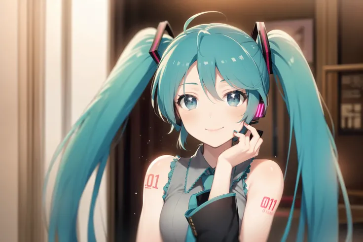 1girl, solo focus, (hatsune miku:1.3), hatsune miku \(cosplay\), hatsune miku \(append\), looking at viewer, green hair, smile, vocaloid, nail polish, arm tattoo,