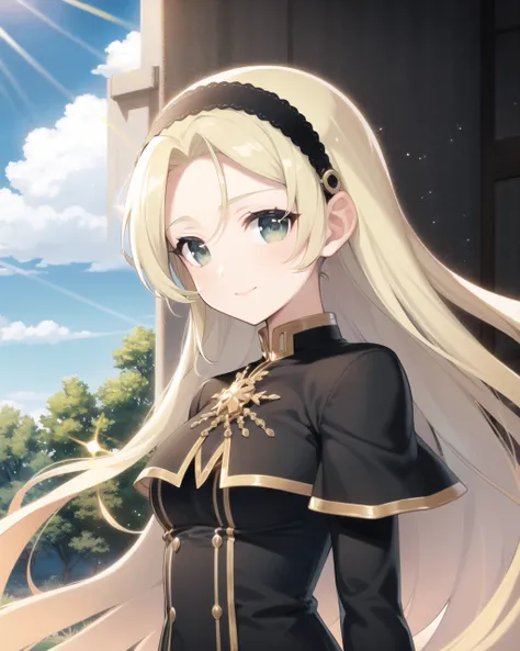 lens flare, 1girl, sun, solo, long hair, sparkle, hairband, sunlight, sky, day, blue sky, blonde hair, green eyes, gradient, gradient background, looking at viewer, hair pulled back, light rays, white hairband, outdoors, blue background, upper body, sunbeam, smile, forehead, bokeh, cloud
1girl, solo, long hair, capelet, transparent background, black background, looking at viewer, long sleeves, letterboxed, blonde hair, v arms, very long hair, green eyes, upper body, hairband, buttons, dress