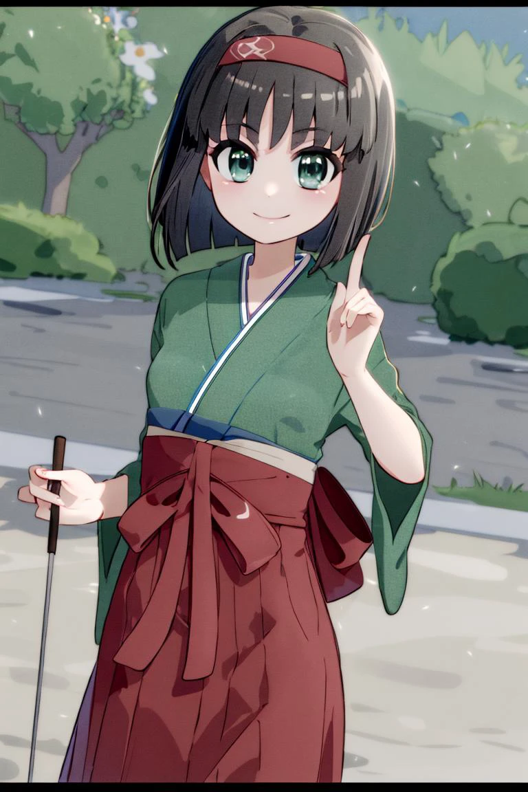 <lora:Mantis_Style:0.8>,((masterpiece,best quality)), <lora:Erika_Pokemon_Anime_Dim32:0.8>, Erika_Pokemon, green eyes, short black hair, kimono, hakama, red hairband, solo, smiling, looking at viewer, cowboy shot, cinematic composition,