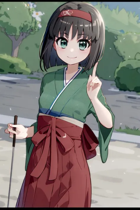 <lora:Mantis_Style:0.8>,((masterpiece,best quality)),  <lora:Erika_Pokemon_Anime_Dim32:0.8>, Erika_Pokemon, green eyes, short black hair, kimono, hakama, red hairband, solo, smiling, looking at viewer, cowboy shot,  cinematic composition,