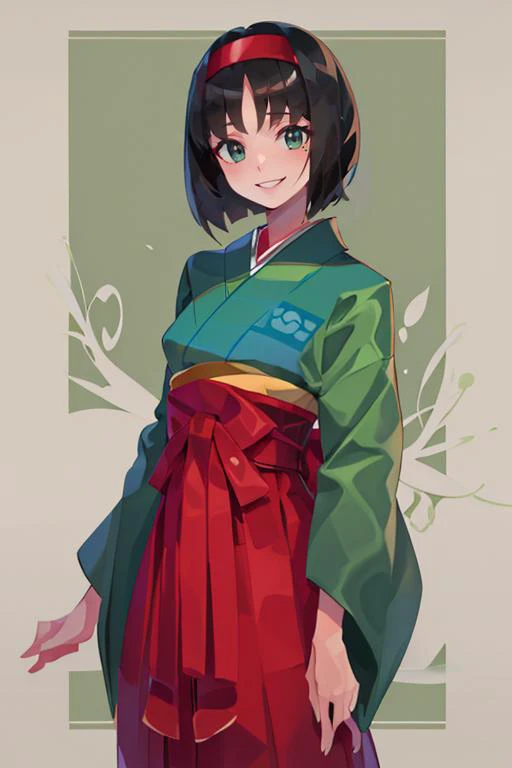 <lora:Iota:0.6>, , ((masterpiece,best quality)), absurdres, <lora:Erika_Pokemon_Anime_Dim32:0.8>, Erika_Pokemon, green eyes, short black hair, kimono, hakama, red hairband, solo, smiling, looking at viewer, cowboy shot,