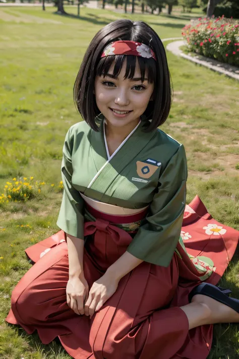 Erika_Pokemon, green eyes, short black hair, green kimono, hakama, red hairband, looking at viewer, smiling, happy, mouth open, sitting, wariza, from_above, on grass, flowers, sunny, high quality, masterpiece, <lora:Erika_Pokemon_Anime_Dim32:.7>