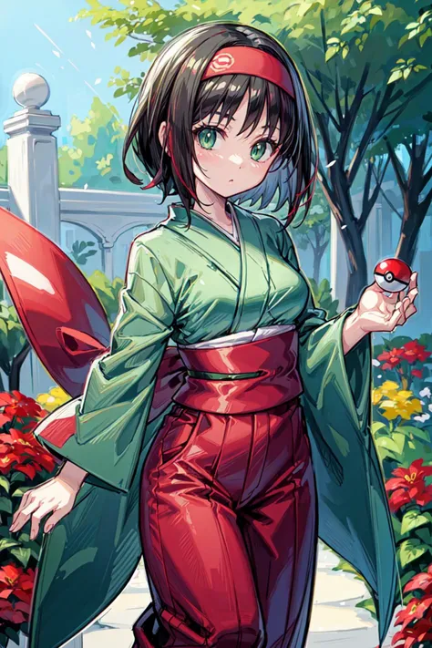 1girl, solo, holding a pokeball, <lora:Erika_Pokemon_Anime_Dim32:0.5>, Erika_Pokemon, green eyes, short black hair, kimono, red hakama, red pants, red hairband, flowers, garden, detailed background, <lora:add_detail:0.7>