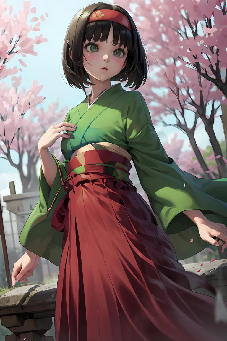 (masterpiece, best quality), 1girl, <lora:Erika_Pokemon_Anime_Dim32:1> Erika_Pokemon, green eyes, short black hair, kimono, hakama, red hairband,