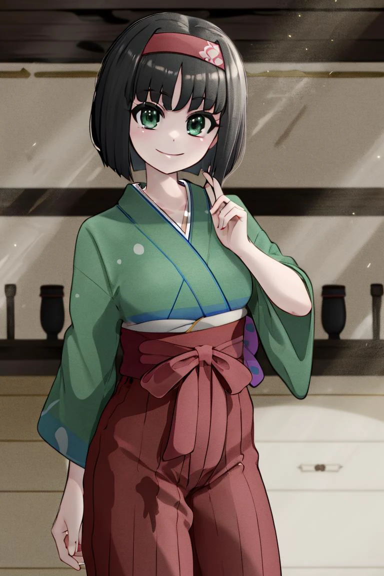<lora:Mantis_Style:0.8>,((masterpiece,best quality)), absurdres, <lora:Erika_Pokemon_Anime_Dim32:0.8>, Erika_Pokemon, green eyes, short black hair, kimono, hakama, red hairband, solo, smiling, looking at viewer, cowboy shot, cinematic composition,