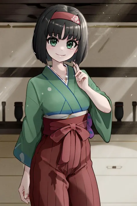 <lora:Mantis_Style:0.8>,((masterpiece,best quality)), absurdres, <lora:Erika_Pokemon_Anime_Dim32:0.8>, Erika_Pokemon, green eyes, short black hair, kimono, hakama, red hairband, solo, smiling, looking at viewer, cowboy shot,  cinematic composition,