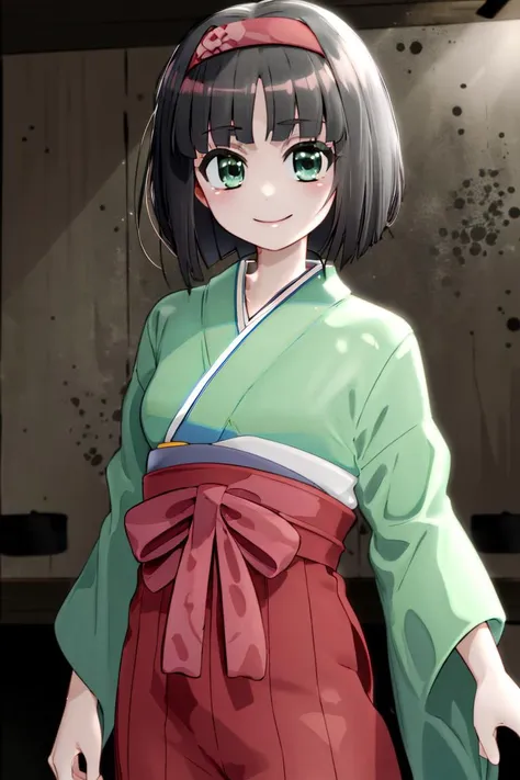 <lora:Mantis_Style:0.8>,((masterpiece,best quality)),  <lora:Erika_Pokemon_Anime_Dim32:0.8>, Erika_Pokemon, green eyes, short black hair, kimono, hakama, red hairband, solo, smiling, looking at viewer, cowboy shot,  cinematic composition,