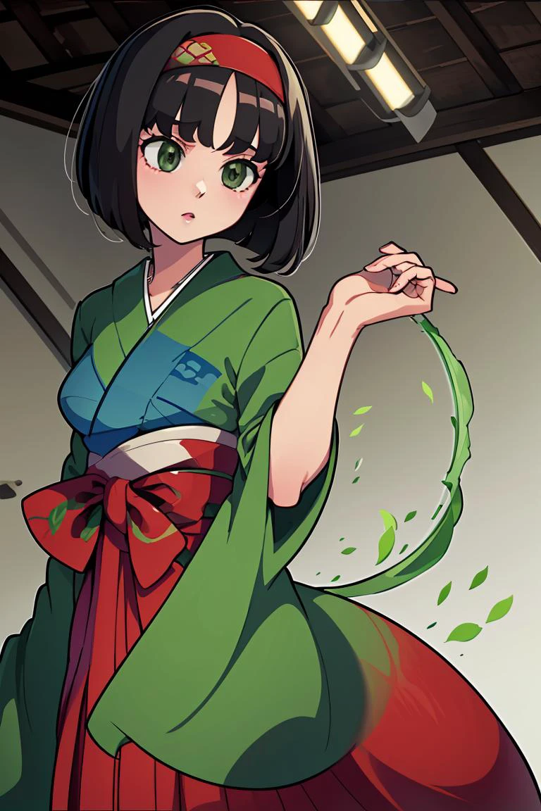(masterpiece, best quality), 1girl, <lora:Erika_Pokemon_Anime_Dim32:1> Erika_Pokemon, green eyes, short black hair, kimono, hakama, red hairband,