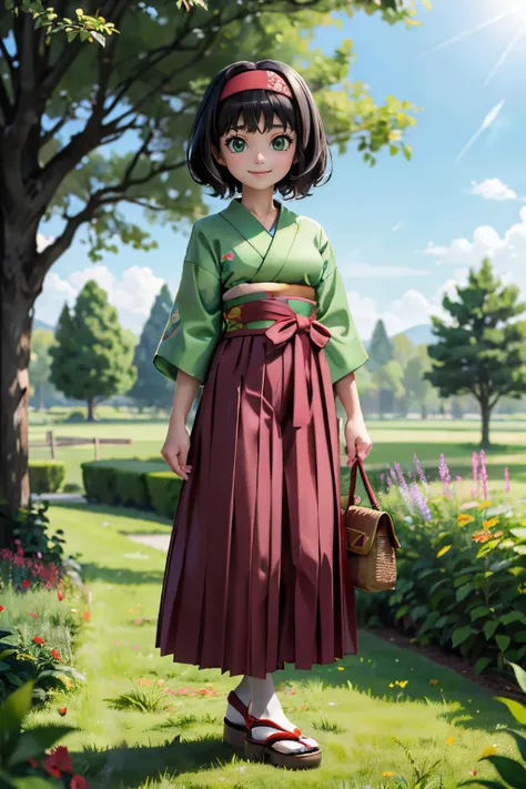 Erika_Pokemon, green eyes, short black hair, green kimono, hakama, red hairband, sandals, looking at viewer, smiling, standing, full body shot, outside, field, grass, trees, sunny, high quality, masterpiece, <lora:Erika_Pokemon_Anime_Dim32:.7>