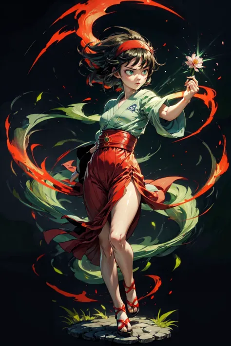 1girl, solo, holding a pokeball, <lora:Erika_Pokemon_Anime_Dim32:0.5>, Erika_Pokemon, green eyes, short black hair, kimono, red hakama, red hairband, flowers, garden, leaf swirl, detailed background, <lora:add_detail:0.7> <lora:Aura_v2:0.5> Aura, green aura, glowing, dynamic pose,