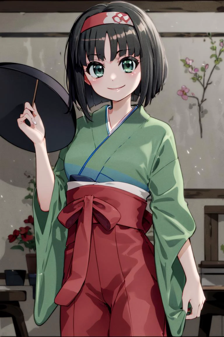 <lora:Mantis_Style:0.8>,((masterpiece,best quality)), <lora:Erika_Pokemon_Anime_Dim32:0.8>, Erika_Pokemon, green eyes, short black hair, kimono, hakama, red hairband, solo, smiling, looking at viewer, cowboy shot, cinematic composition,