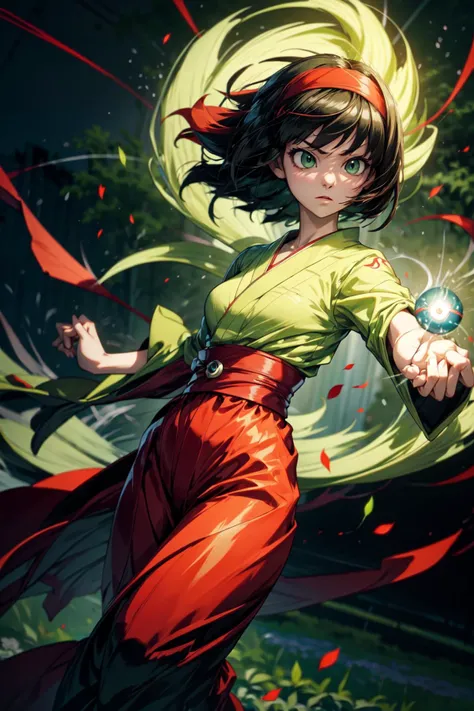 1girl, solo, holding a pokeball, <lora:Erika_Pokemon_Anime_Dim32:0.5>, Erika_Pokemon, green eyes, short black hair, kimono, red hakama, red hairband, flowers, garden, leaf swirl, detailed background, <lora:add_detail:0.7> <lora:Aura_v2:0.5> Aura, green aura, glowing, dynamic pose,