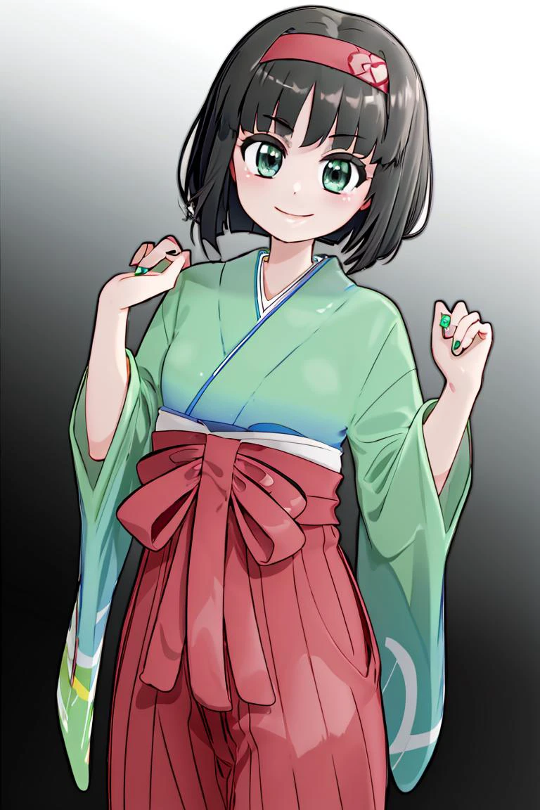<lora:Mantis_Style:0.8>,((masterpiece,best quality)), <lora:Erika_Pokemon_Anime_Dim32:0.8>, Erika_Pokemon, green eyes, short black hair, kimono, hakama, red hairband, solo, smiling, looking at viewer, cowboy shot, cinematic composition,