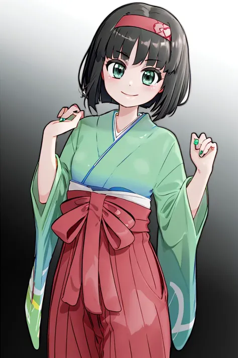 <lora:Mantis_Style:0.8>,((masterpiece,best quality)),  <lora:Erika_Pokemon_Anime_Dim32:0.8>, Erika_Pokemon, green eyes, short black hair, kimono, hakama, red hairband, solo, smiling, looking at viewer, cowboy shot,  cinematic composition,