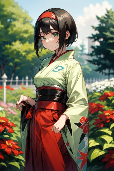 1girl, solo, holding a pokeball, <lora:Erika_Pokemon_Anime_Dim32:0.5>, Erika_Pokemon, green eyes, short black hair, kimono, red hakama, red pants, red hairband, flowers, garden, detailed background, <lora:add_detail:0.7>