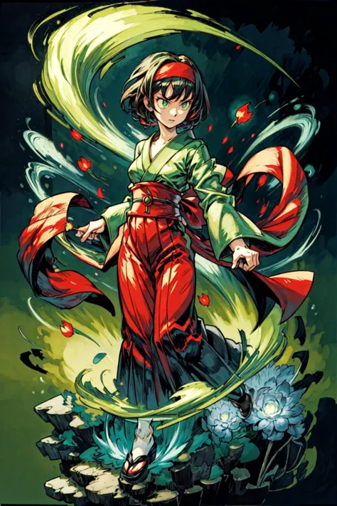 1girl, solo, holding a pokeball, <lora:Erika_Pokemon_Anime_Dim32:0.5>, Erika_Pokemon, green eyes, short black hair, kimono, red hakama, red hairband, flowers, garden, leaf swirl, detailed background, <lora:add_detail:0.7> <lora:Aura_v2:0.5> Aura, green aura, glowing, dynamic pose,