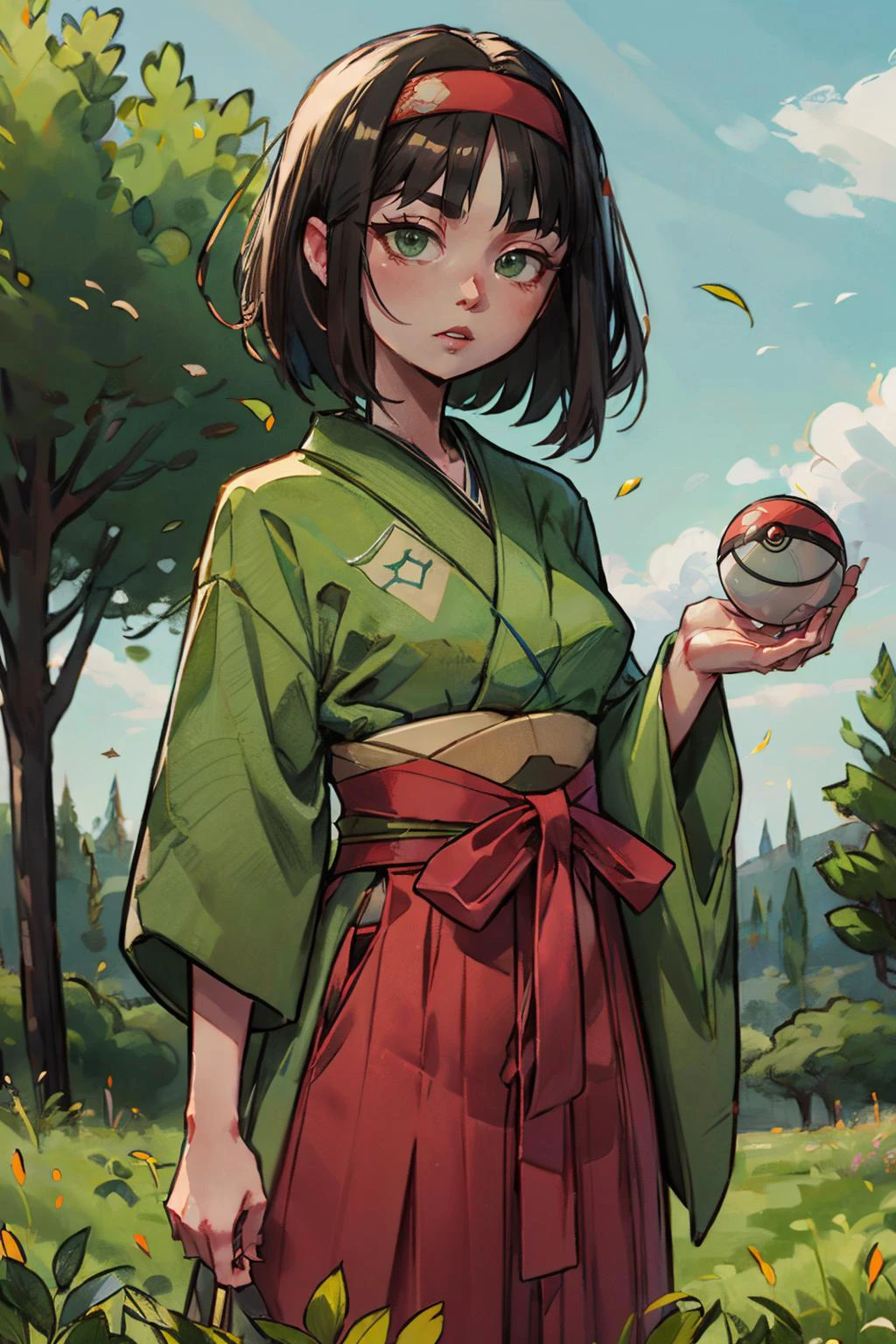Erika_Pokemon, green eyes, short black hair, green kimono, hakama, red hairband, looking at viewer, serious, standing, holding pokeball, outside, field, grass, trees, sunny, high quality, masterpiece, <lora:Erika_Pokemon_Anime_Dim32:.7>