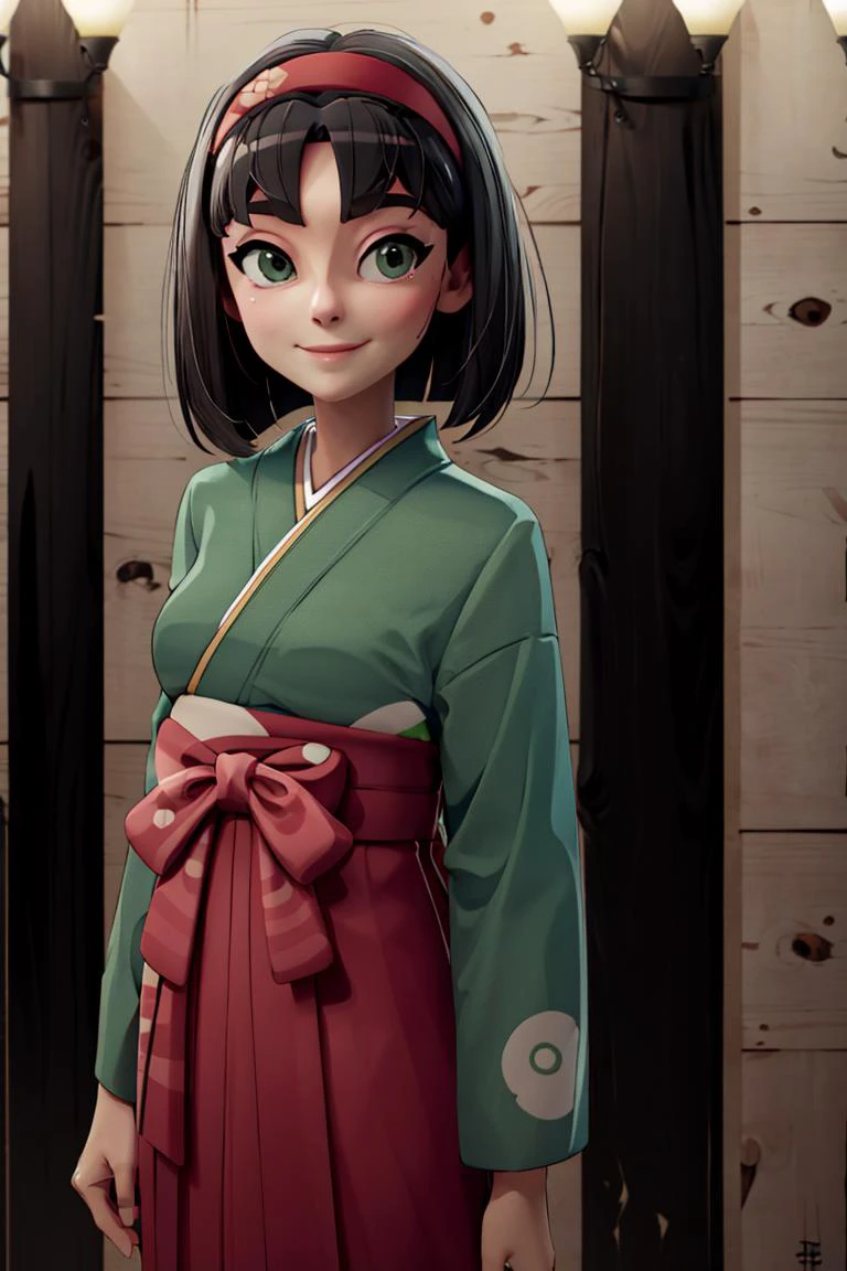 <lora:DannyMac_Style_Dim32:0.8>,((masterpiece,best quality)), <lora:Erika_Pokemon_Anime_Dim32:0.8>, Erika_Pokemon, green eyes, short black hair, kimono, hakama, red hairband, solo, smiling, looking at viewer, cowboy shot, cinematic composition,