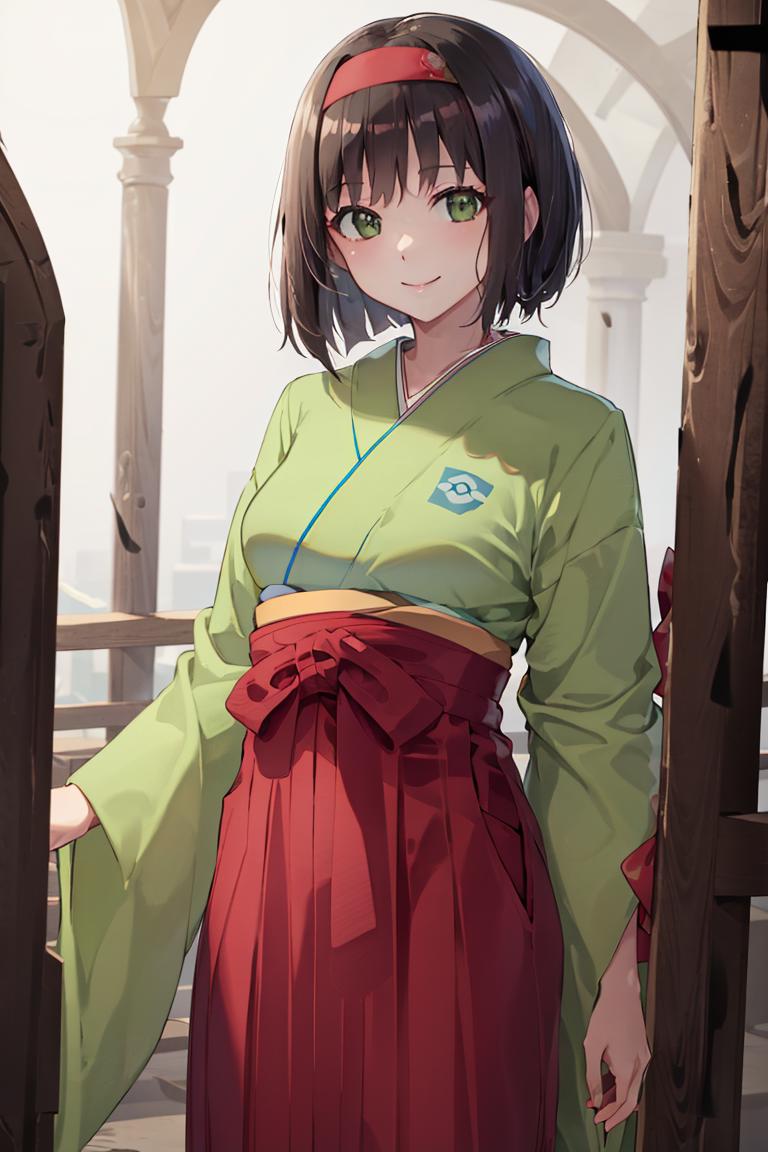 Anime girl in a green and red kimono outfit standing in front of a gate ...