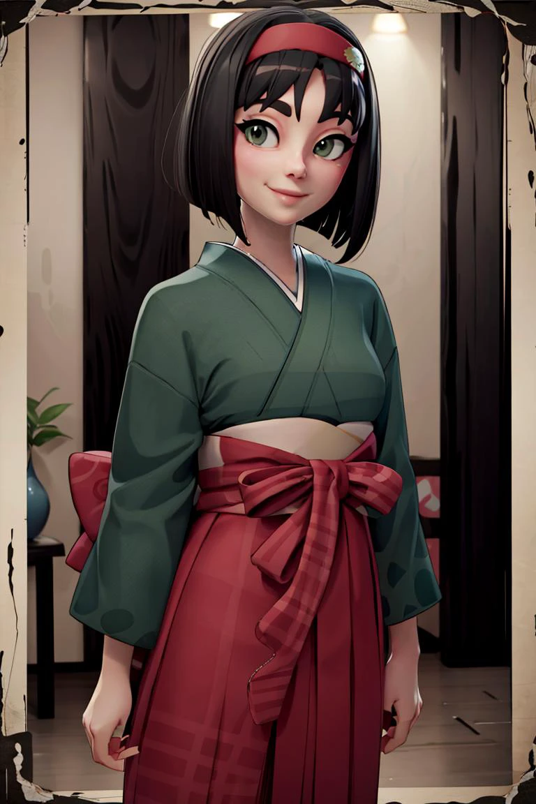 <lora:Alpha:0.8>,((masterpiece,best quality)), <lora:Erika_Pokemon_Anime_Dim32:0.8>, Erika_Pokemon, green eyes, short black hair, kimono, hakama, red hairband, solo, smiling, looking at viewer, cowboy shot, cinematic composition,