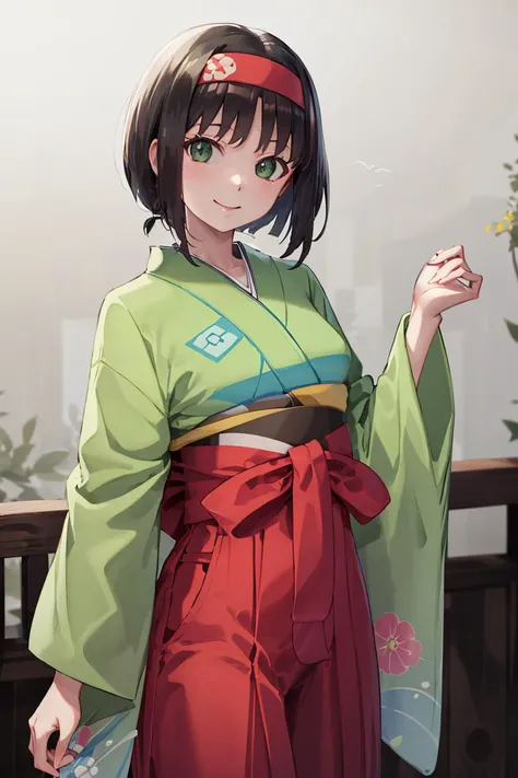 <lora:Toriyama_Akira_Style :0.8>,((masterpiece,best quality)), absurdres, <lora:Erika_Pokemon_Anime_Dim32:0.8>, Erika_Pokemon, green eyes, short black hair, kimono, hakama, red hairband, solo, smiling, looking at viewer, cowboy shot,  cinematic composition,