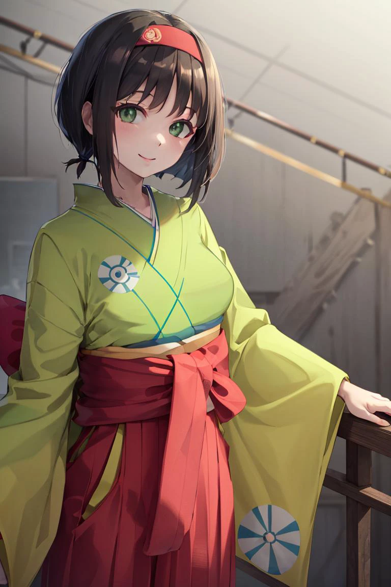 <lora:Sameyama_Jiro_Style_Dim32 :0.8>,((masterpiece,best quality)), absurdres, <lora:Erika_Pokemon_Anime_Dim32:0.8>, Erika_Pokemon, green eyes, short black hair, kimono, hakama, red hairband, solo, smiling, looking at viewer, cowboy shot, cinematic composition,