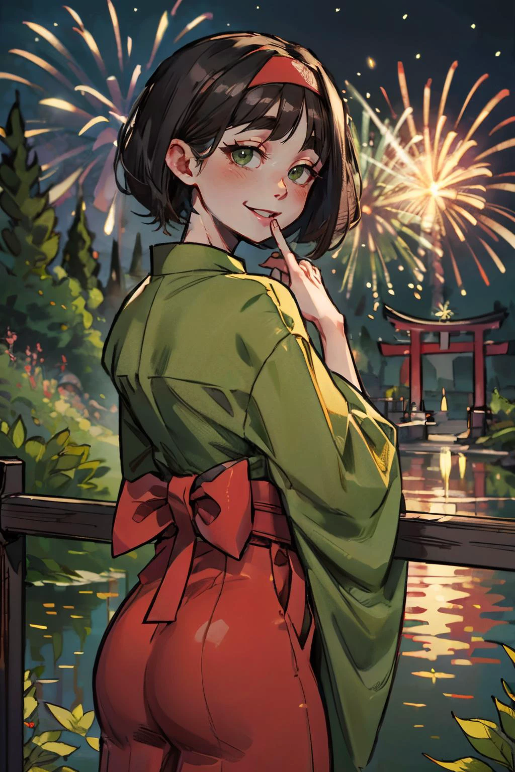 Erika_Pokemon, green eyes, short black hair, green kimono, hakama, red hairband, looking at viewer, smiling, happy, mouth open, blush, from_behind,leaning, railing, garden, red torii, lake, night time, fireworks, high quality, masterpiece, <lora:Erika_Pokemon_Anime_Dim32:.7>