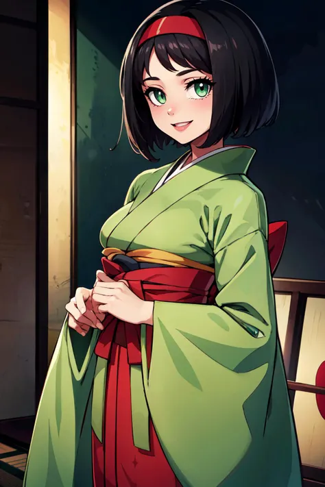 ((masterpiece,best quality)), absurdres,   <lora:Erika_Pokemon_v2:0.7>,    erika (pokemon), green eyes, short black hair, green kimono, Japanese clothes,  hakama, red hairband,   smile, looking at viewer, cowboy shot,