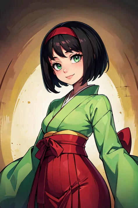 ((masterpiece,best quality)), absurdres,   <lora:Erika_Pokemon_v2:0.7>,    erika (pokemon), green eyes, short black hair, green kimono, Japanese clothes,  hakama, red hairband,   smile, looking at viewer, cowboy shot,