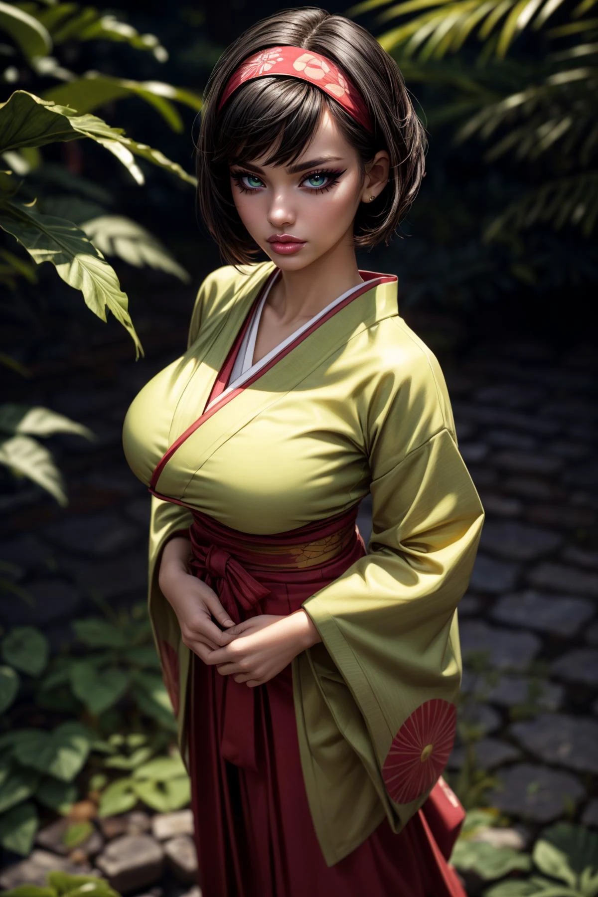 (ultra realistic,32k, masterpiece:1.2),(high detailed skin:1.1),( high quality:1.1),
<lora:Erika_Pokemon_v2:0.8>(angry, v-shaped eyebrows:1.1),(eyeliner,long lashes, mascara:1.2),erika (pokemon), green eyes, short black hair,erika (pokemon), green eyes, short black hair, kimono, Japanese clothes, hakama, red hairband,flower plant themed (blank background:1.2) (blurry background:1.2),(looking at viewer, standing from above:1.1),, huge breast,large breast,<lora:add_detail:0.88>,full body,
(ambient lighting:1.1),