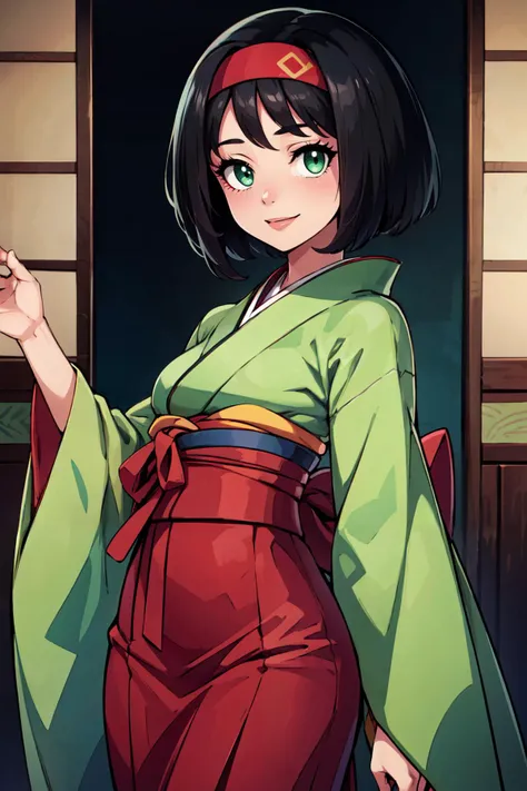 ((masterpiece,best quality)), absurdres,   <lora:Erika_Pokemon_v2:0.7>,    erika (pokemon), green eyes, short black hair, green kimono, Japanese clothes,  hakama, red hairband,   smile, looking at viewer, cowboy shot,