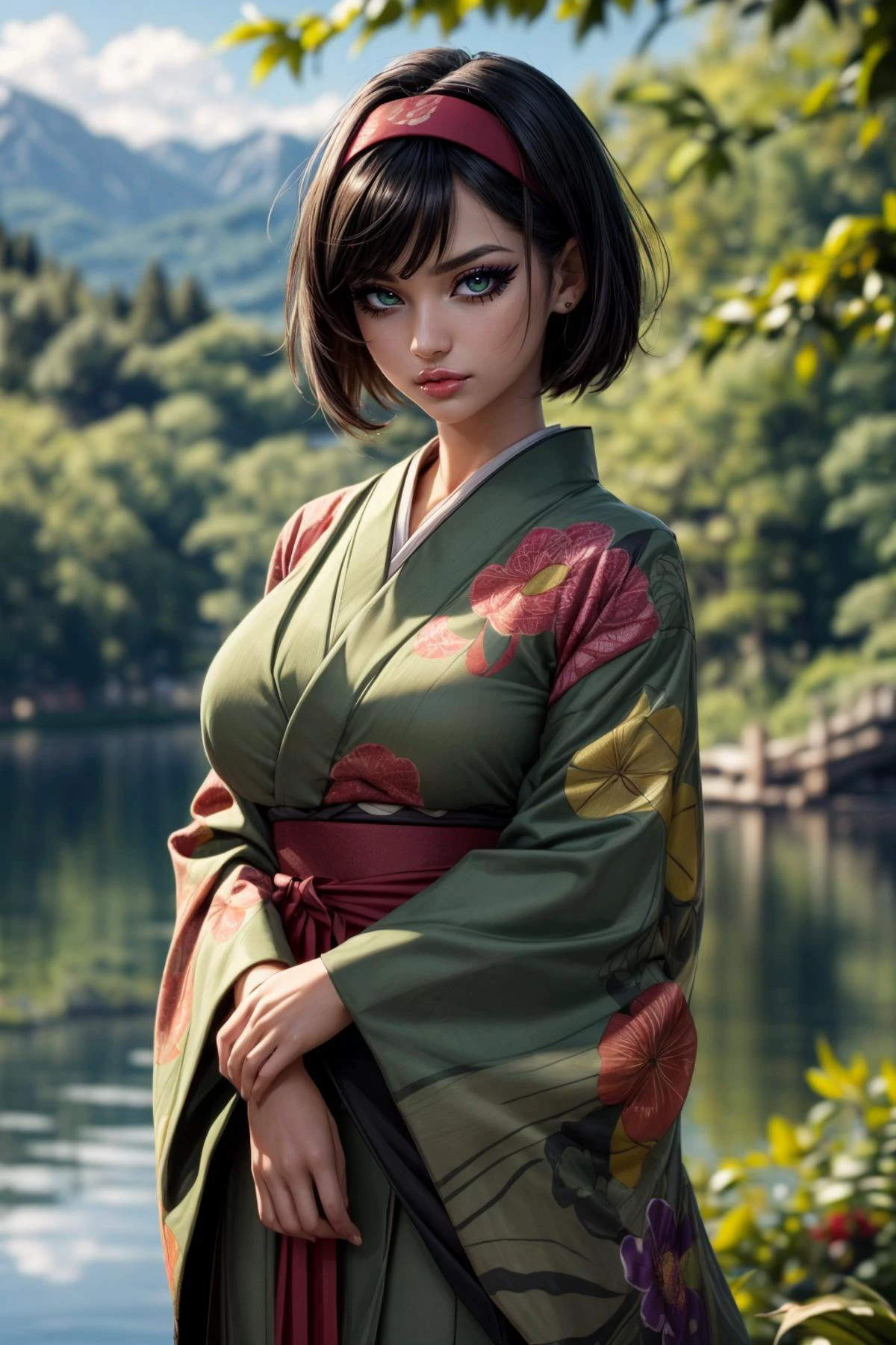 (ultra realistic,32k, masterpiece:1.2),(high detailed skin:1.1),( high quality:1.1),
<lora:Erika_Pokemon_v2:0.8>(angry, v-shaped eyebrows:1.1),(eyeliner,long lashes, mascara:1.2),erika (pokemon), green eyes, short black hair,erika (pokemon), green eyes, short black hair, kimono, Japanese clothes, hakama, red hairband,flower plant themed lake, calm waters, scenic shoreline, tranquil (blurry background:1.2),(looking at viewer, standing:1.1),, huge breast,large breast,<lora:add_detail:0.87>,full body,
(tenebrism:1.1),