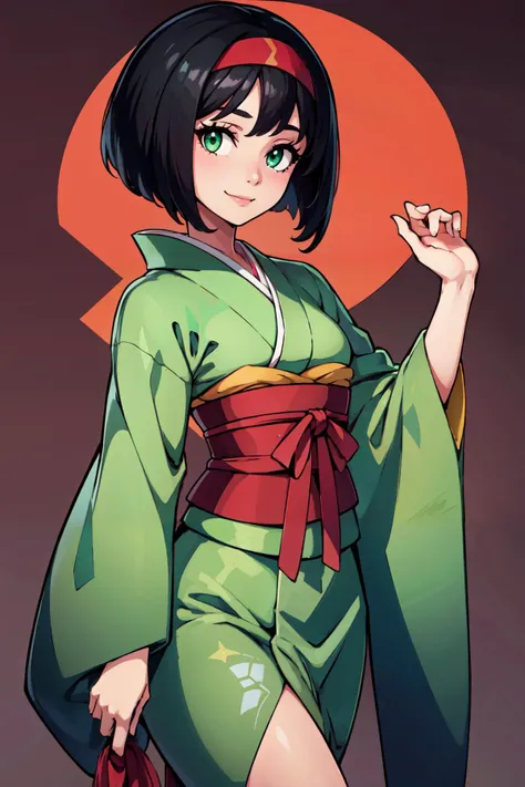 ((masterpiece,best quality)), absurdres,   <lora:Erika_Pokemon_v2:0.7>,    erika (pokemon), green eyes, short black hair, green kimono, Japanese clothes,  hakama, red hairband,   smile, looking at viewer, cowboy shot,