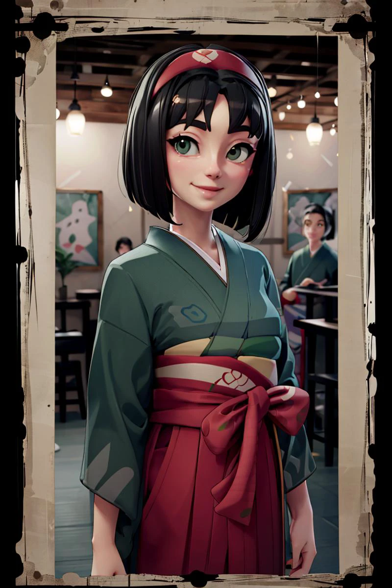 <lora:Alpha:0.8>,((masterpiece,best quality)), <lora:Erika_Pokemon_Anime_Dim32:0.8>, Erika_Pokemon, green eyes, short black hair, kimono, hakama, red hairband, solo, smiling, looking at viewer, cowboy shot, cinematic composition,