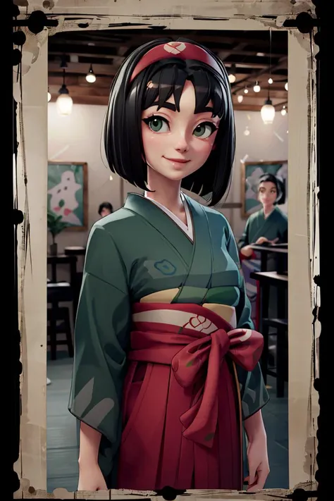 <lora:Alpha:0.8>,((masterpiece,best quality)),  <lora:Erika_Pokemon_Anime_Dim32:0.8>, Erika_Pokemon, green eyes, short black hair, kimono, hakama, red hairband, solo, smiling, looking at viewer, cowboy shot,  cinematic composition,