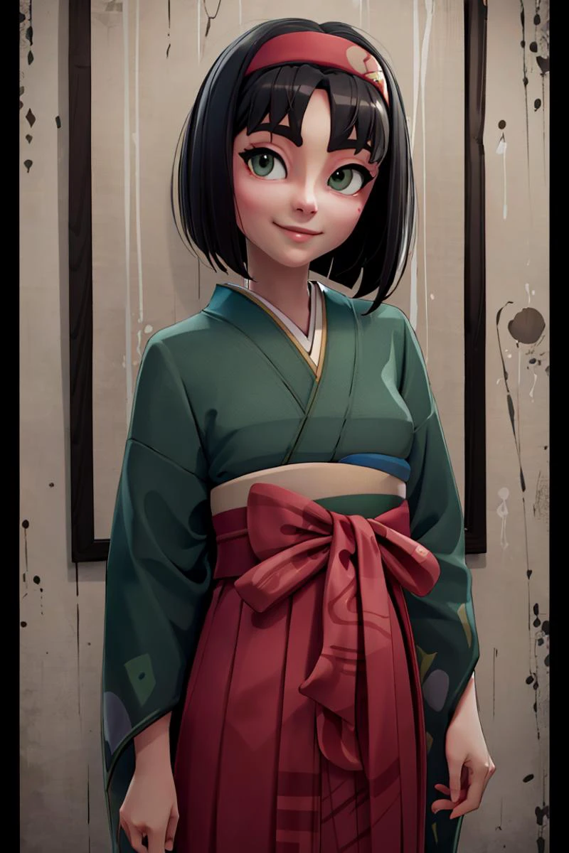 <lora:Alpha:0.8>,((masterpiece,best quality)), <lora:Erika_Pokemon_Anime_Dim32:0.8>, Erika_Pokemon, green eyes, short black hair, kimono, hakama, red hairband, solo, smiling, looking at viewer, cowboy shot, cinematic composition,