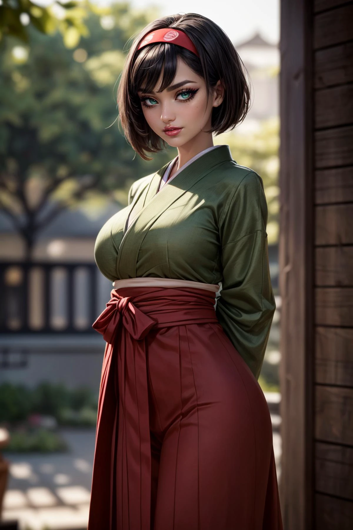 (ultra realistic,32k, masterpiece:1.2),(high detailed skin:1.1),( high quality:1.1),
<lora:Erika_Pokemon_v2:0.8>(smile , v-shaped eyebrows:1.1),(eyeliner,long lashes, mascara:1.2),erika (pokemon), green eyes, short black hair,erika (pokemon), green eyes, short black hair, kimono, Japanese clothes, hakama, red hairband,flower plant themed An environment that has just been waxed and carefully cleaned where everything is shiny and organized (blurry background:1.2),(looking at viewer,Standing, arms behind back,lean forward:1.2),, huge breast,large breast,<lora:add_detail:0.79>,full body,
(moody lighting:1.1),